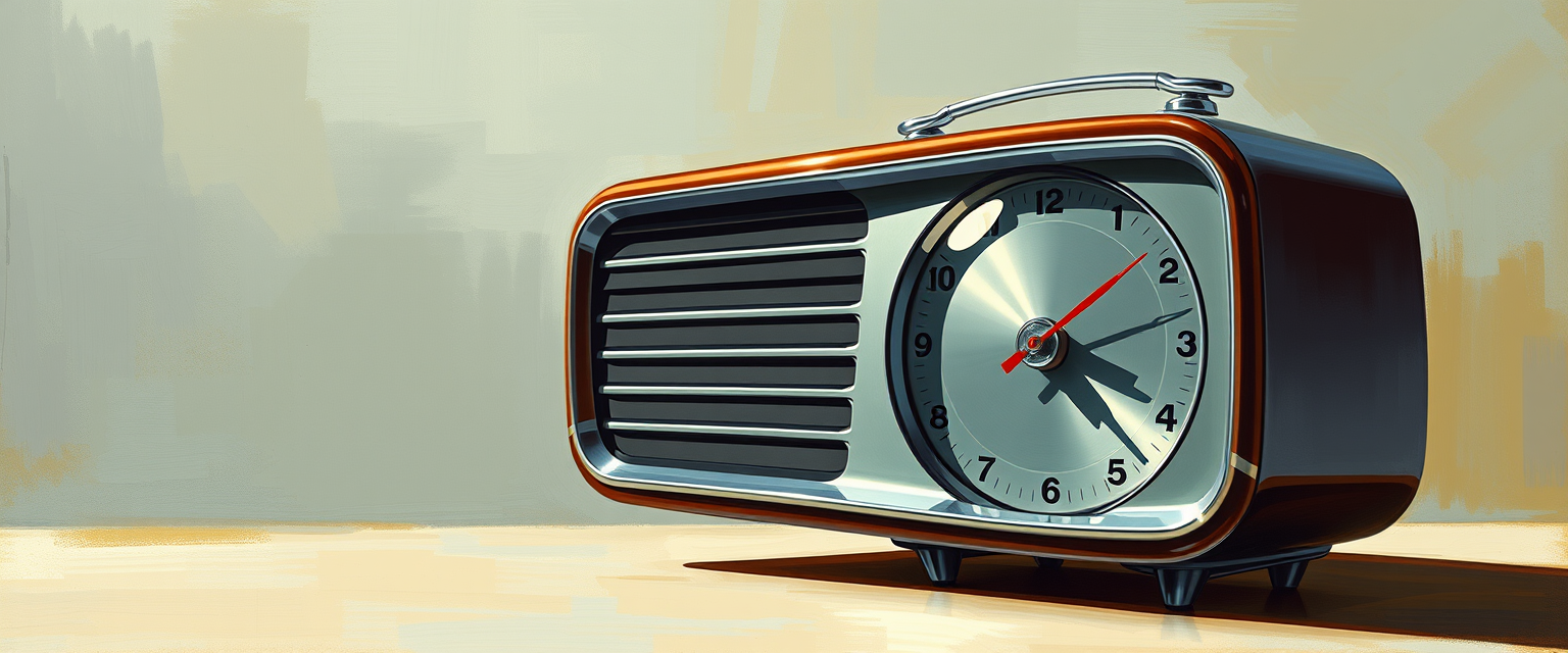 A 1962 clock radio concept, a painting by Syd Mead, 4k, glass dial.