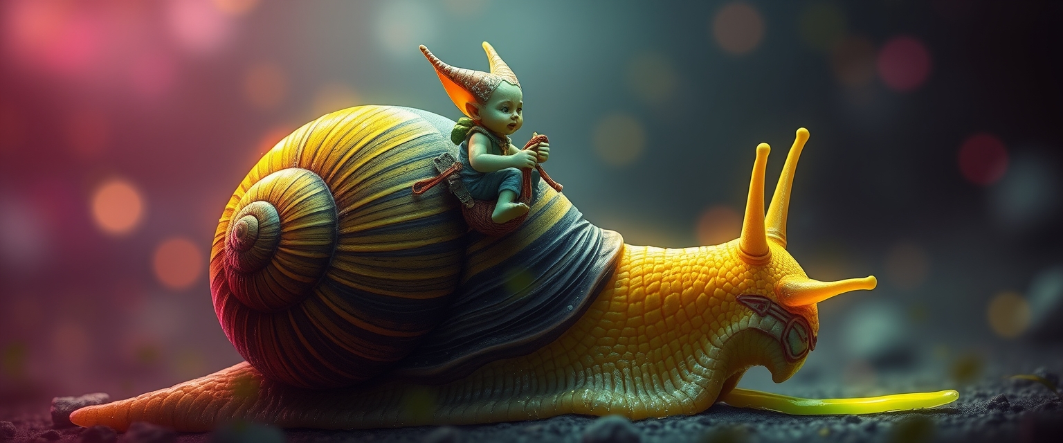 A tiny goblin jockey riding on the back of a giant snail, with neon reins, the snail's shell striped black and yellow, leaving a slime trail, surrounded by neon bokeh, in the style of a fantasy painting. - Image