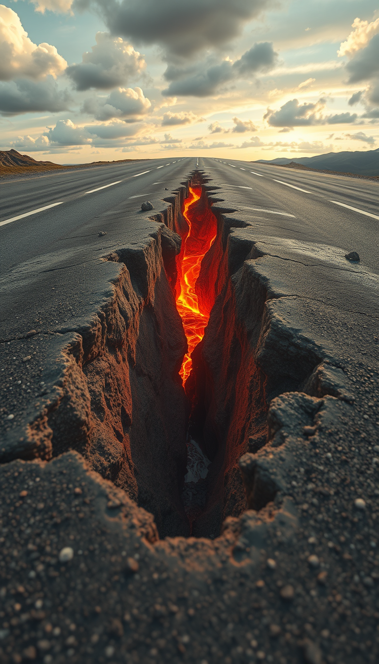 Anamorphosis, 3D painting on asphalt, large deep fault with boiling lava, maximum detail, clarity, 8K. - Image