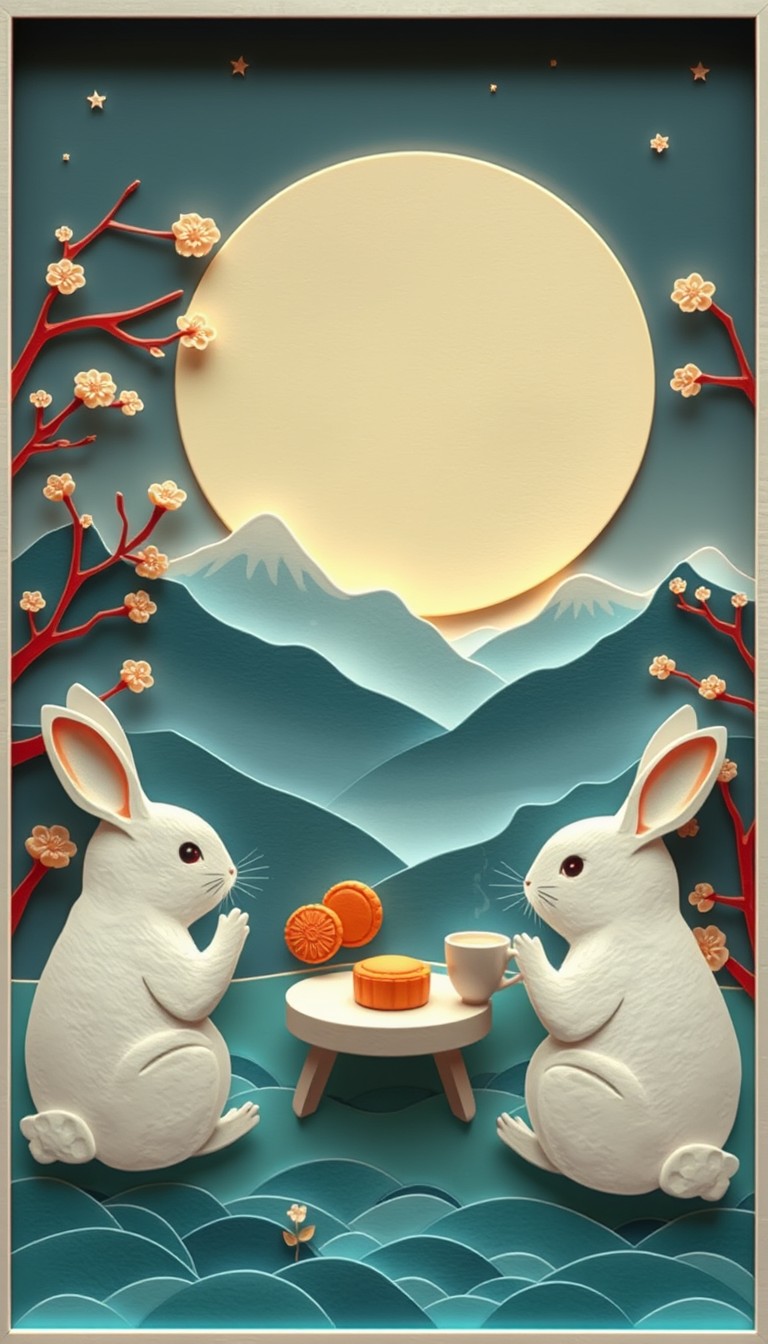 "Rabbits enjoy the moon, eat mooncakes, and drink tea while admiring the distant mountains and the moon; paper carving effect, modern design, depth of field, layers." - Image