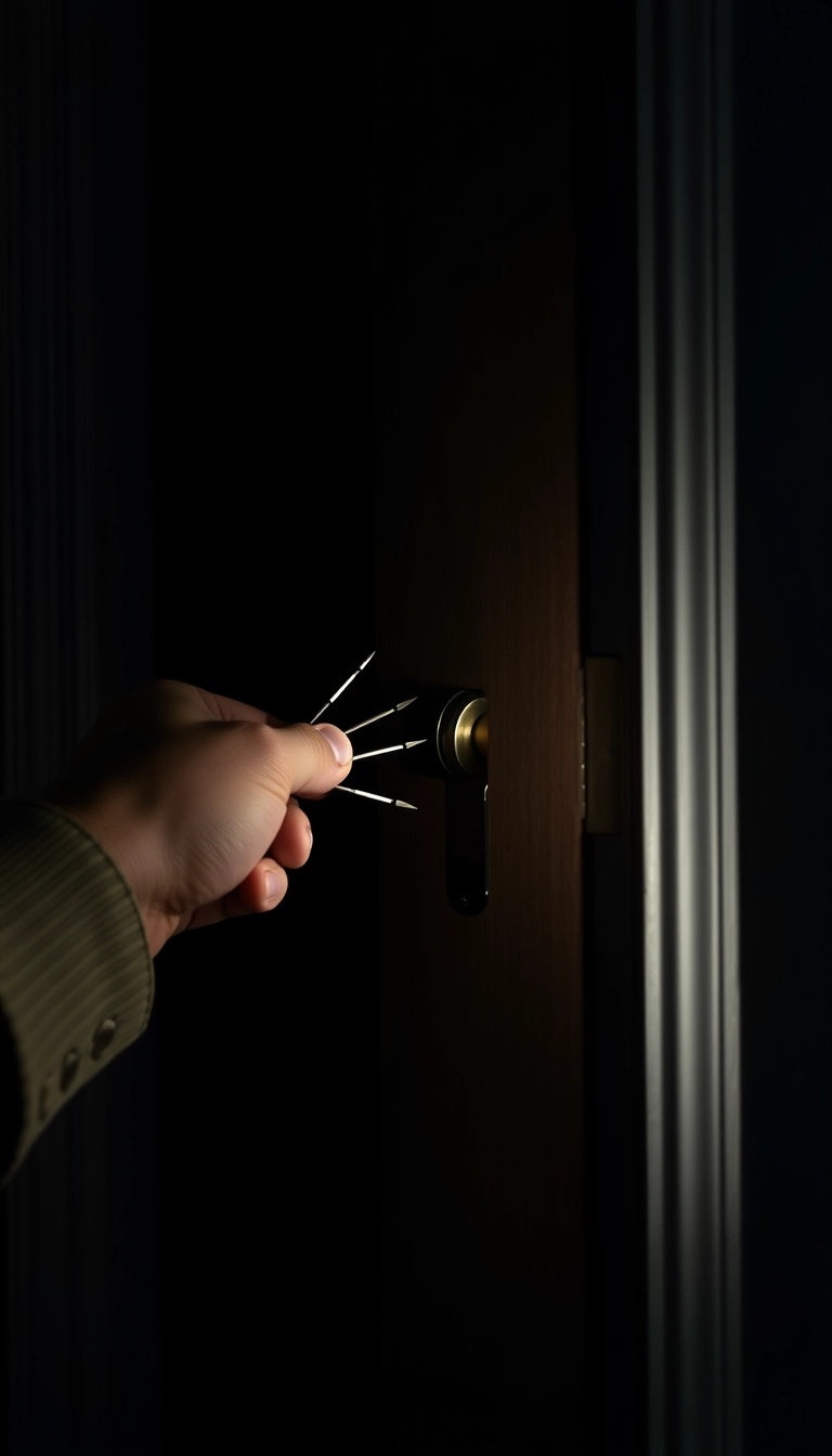 'The door is being picked with lock picks, it's dark, but with the light of a flashlight.' - Image