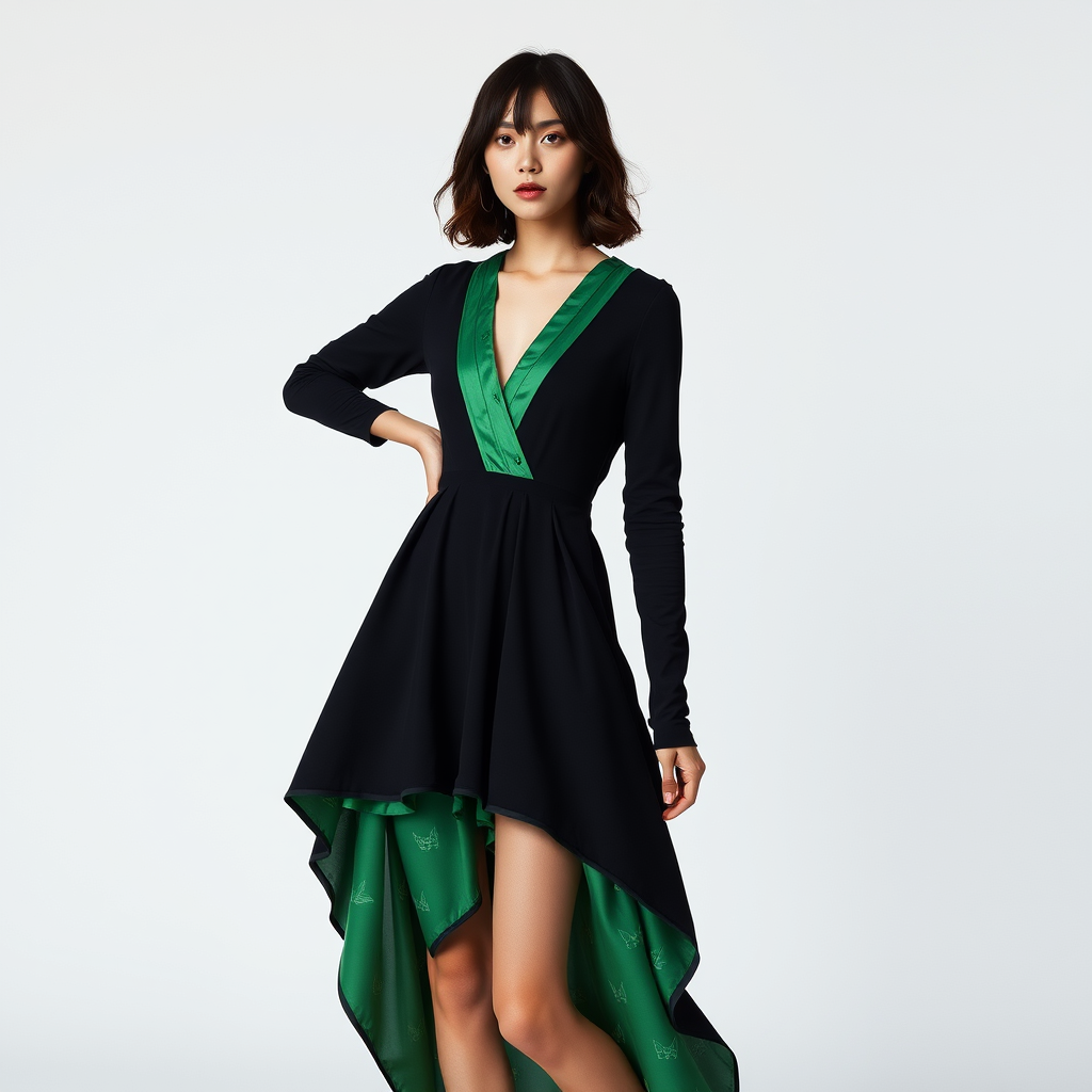 A Japanese model posing in a black and green, cotton, V-neck, high-low dress with a train at the front, long sleeves, and origami pattern, shot in the studio, high fashion photography, in a photograph by Alasdair McLellan. - Image