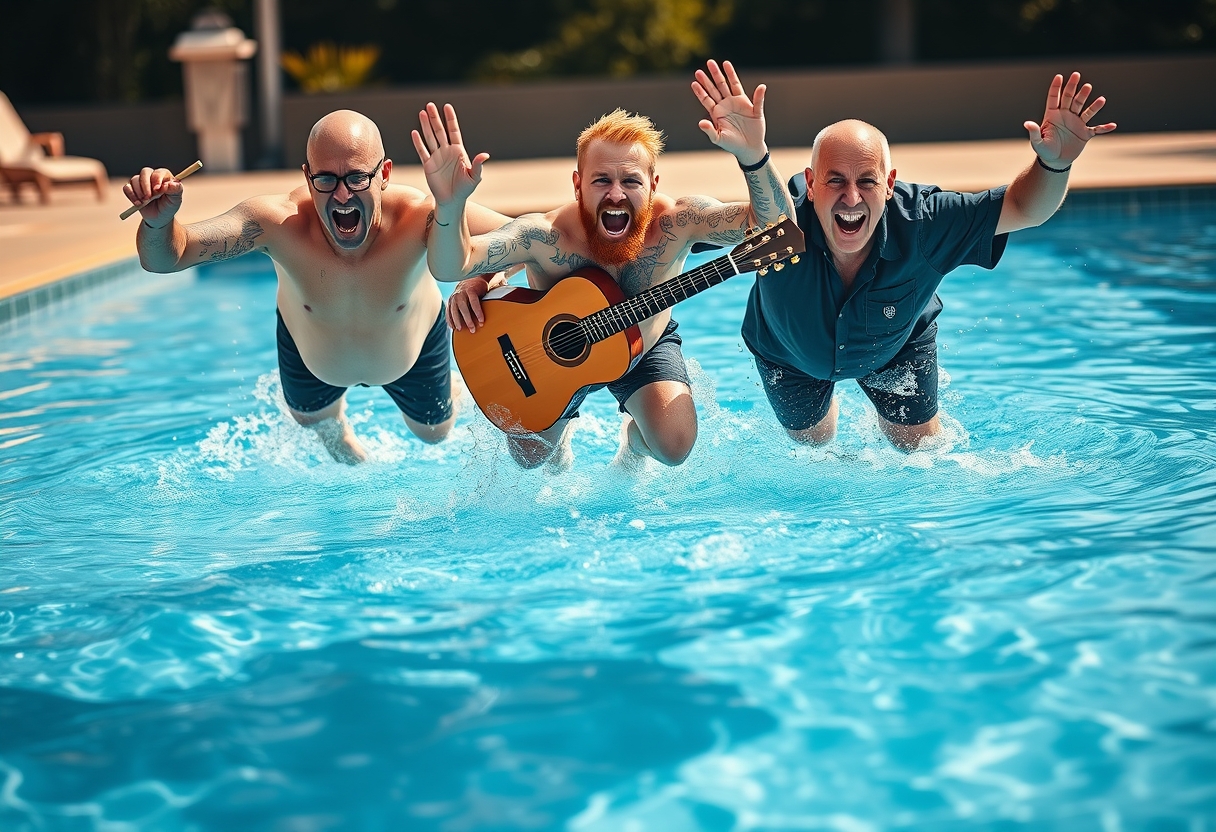 A funny photo of three men jumping into a swimming pool while yelling. It captures the moment they are in the air from a low-angle shot from the water. The first one is 52 years old, tall at 1.90 meters, bald with glasses, fair-skinned, thin but with a prominent belly, and has a large tattoo on his left arm, holding drumsticks in his hand. The second man is 27 years old and two meters tall, has many small tattoos all over his body, a light red beard, and short hair, is fair-skinned, and is holding an acoustic guitar in one hand. The third man is 57 years old, also measures 1.90, thin, with short hair and fair skin, has no tattoos, and is wearing a dark shirt with a patch. It’s a summer light setting with funny expressions and a bokeh effect.