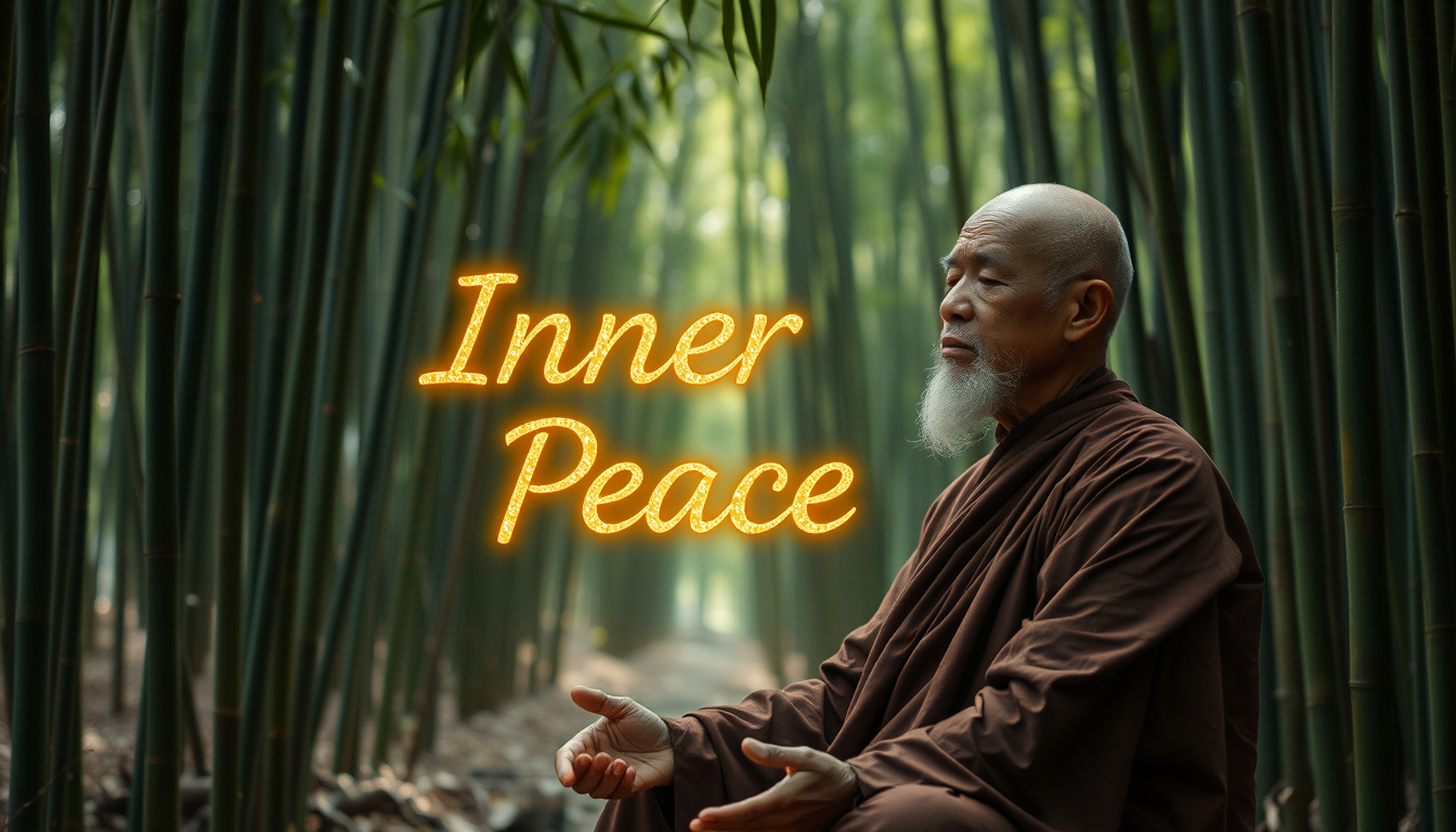 A 75-year-old Vietnamese monk meditates in a bamboo forest. The camera slowly pans right as golden text saying "Inner Peace" materializes from glowing particles, floating gently between the bamboo trees.