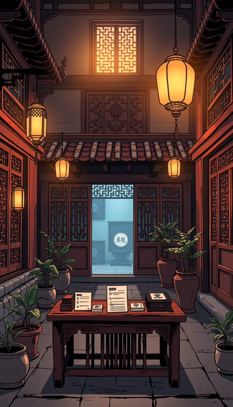 A high-resolution comic-style illustration of an ancient Chinese courtyard at night. Soft light shines through wooden windows, highlighting traditional patterns on the walls. The courtyard has antique lanterns, potted plants, and carved wooden doors. The voting scene is set on the ground or a wooden stand with antiques and voting cards. The atmosphere is warm and mysterious, reflecting traditional Chinese culture. The image is in 8K resolution, flat comic sketch style, with a graphic novel aesthetic, 2D effects, and muted tones.