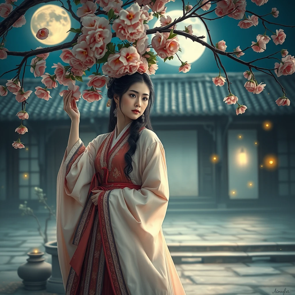 A woman dressed in a magnificent ancient costume stands in an old courtyard, gently resting her hand on a blooming peach tree, its petals falling gracefully. There is a hint of sadness in her eyes, and in the background, a bright full moon casts its light upon her, while several glowing fireflies flutter around. - Image