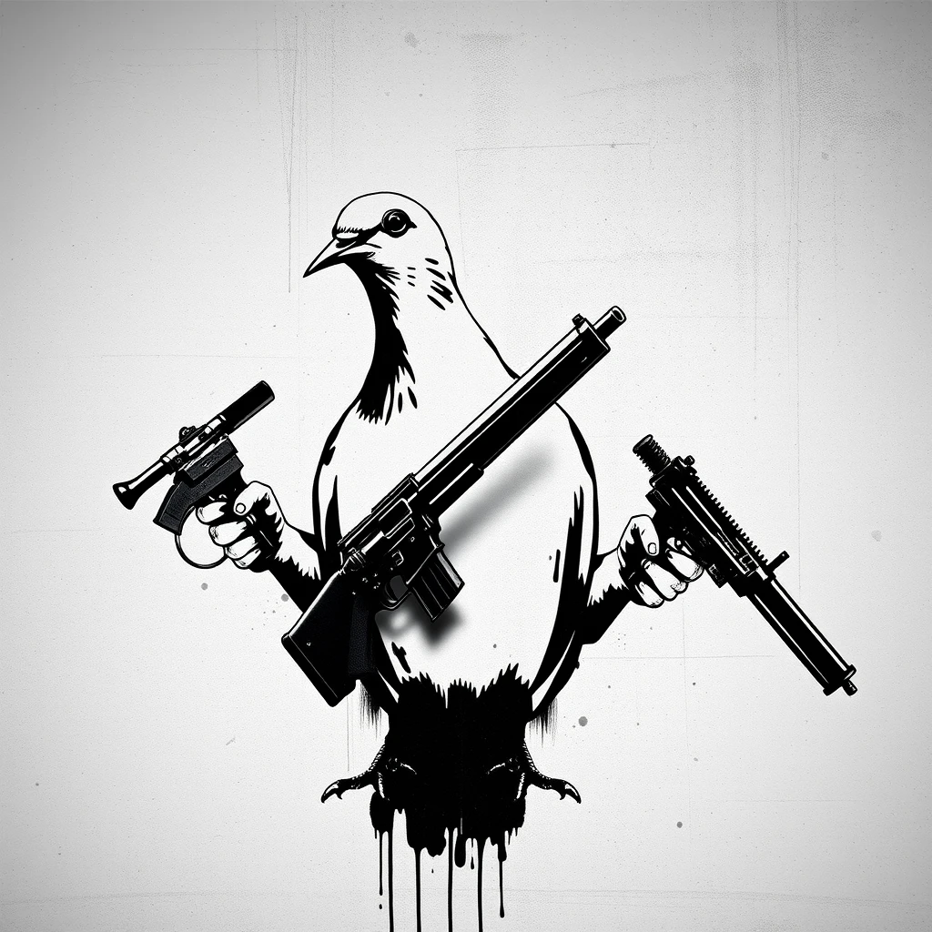 dove with weapons in its paws, Banksy style, black and white