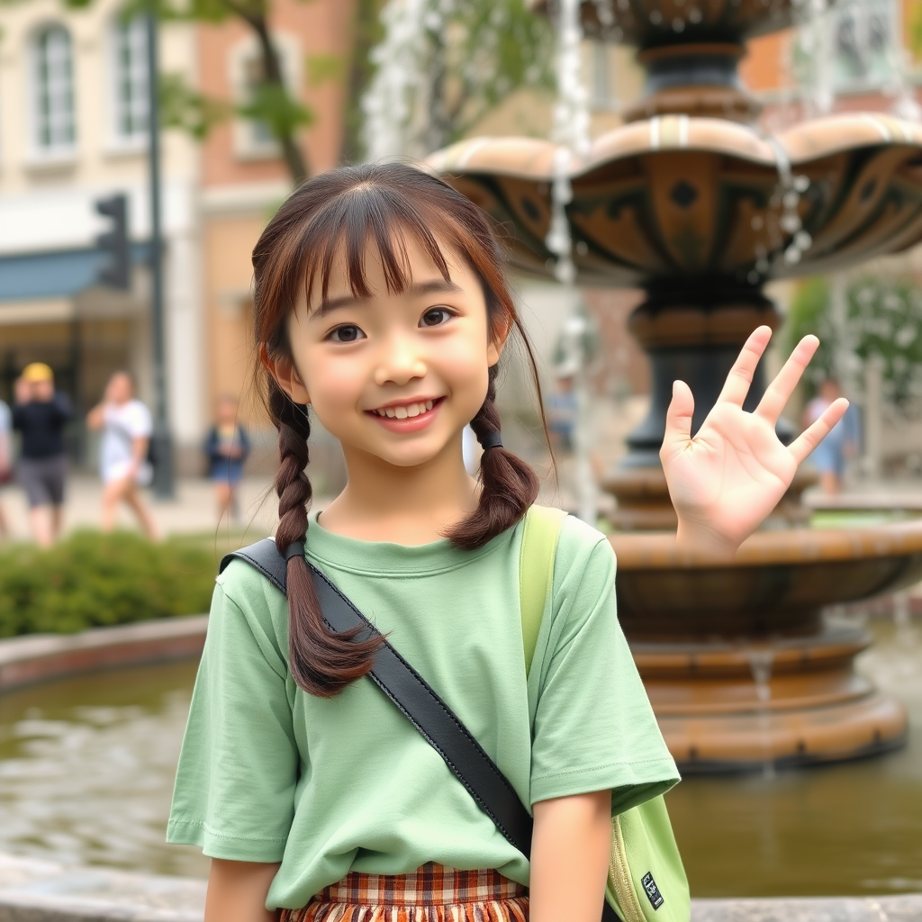 A cute, energetic junior high school girl in green-toned clothes, smiling and waving at the camera next to a town fountain.