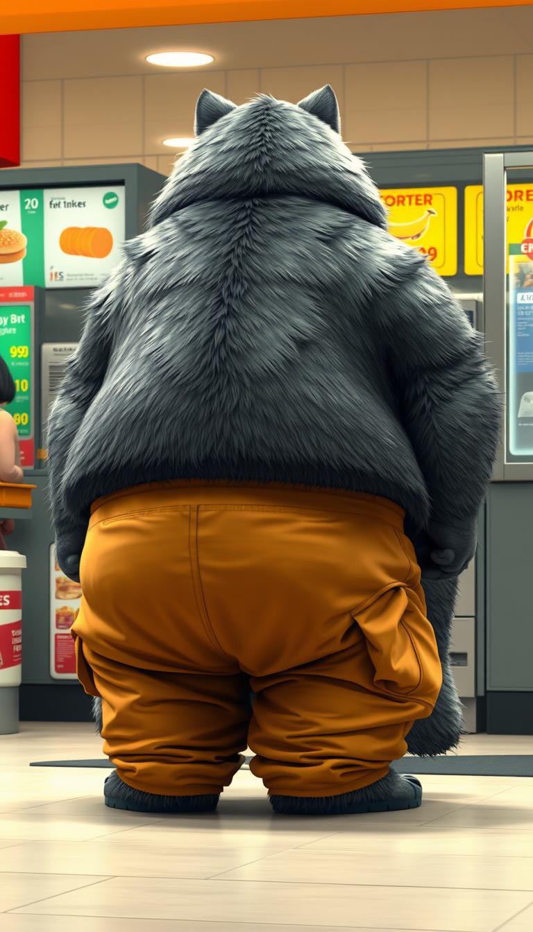 Quarter view, anthropomorphic obese gray bear wolf hybrid, blended features. Gray and black fur with tan and white fur markings. He has a heavyset body. Wide fat bottom. Fat wide double chins. Tan obese big fat baggy cargo pants. Obese double belly overflowing. Wide waist. Full body. Uncropped. Fluffy fur. Ordering food from a fast food restaurant. Digital art, semi-realistic.