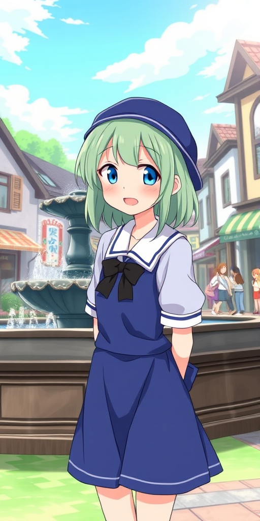 A vibrant middle school girl with light green hair, wearing a blue dress and a blue hat, is smiling at the camera with her hands behind her back, standing next to a town fountain in a Japanese manga style scene.