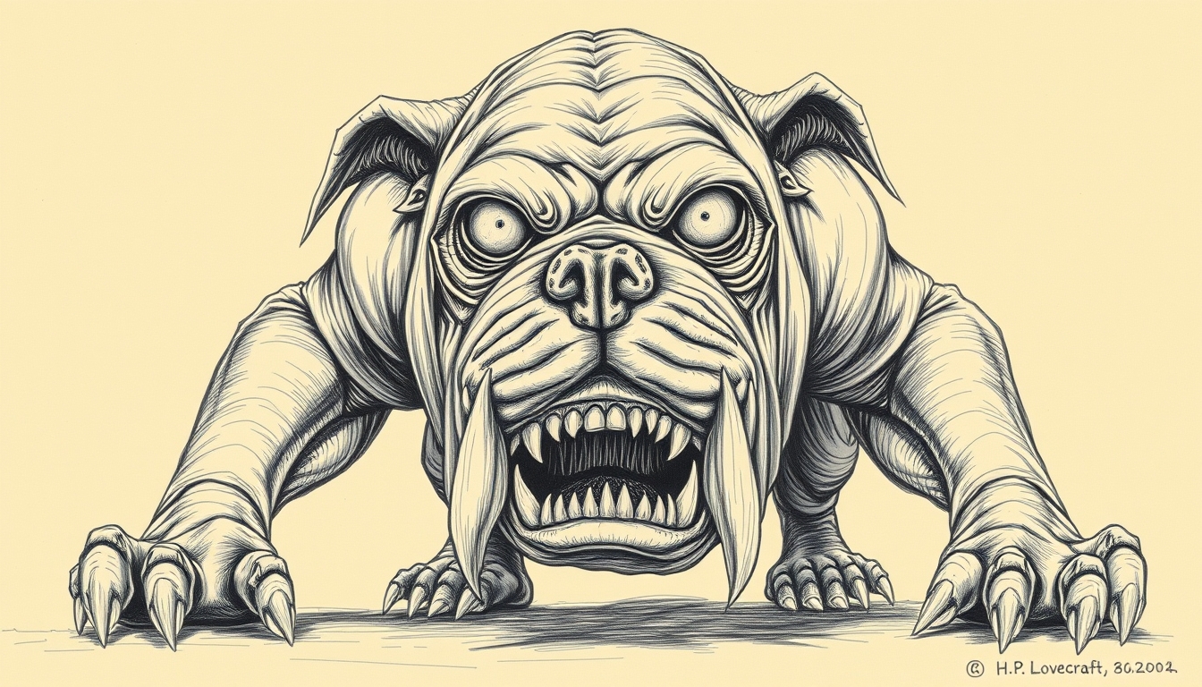 Horror monster created by H.P. Lovecraft drawing, one big-eyed bulldog that was massive, full body, raw drawing.