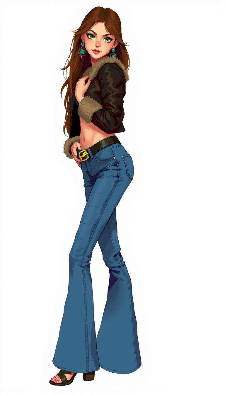 Exaggerated Pixel Art, white background, young hippie woman, standing sideways, slim body, green eyes, dressed in bell bottom jeans, belt, golden buckle, navel, crop fitted leather jacket, fur collar and cuffs, open toe boots, toes, earrings.