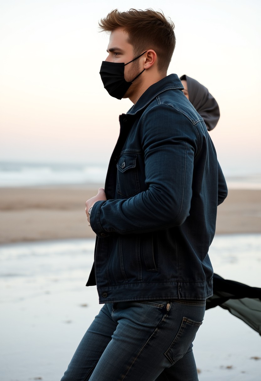 Jamie Dornan's head and body shot, handsome, black face mask, denim jacket, jeans, dating, romantic couple, with the biggest grey hijab Muslim girl, black face mask, beautiful eyes, black leather jacket, largest skirt, running together at the beach, hyper-realistic, street photography. - Image