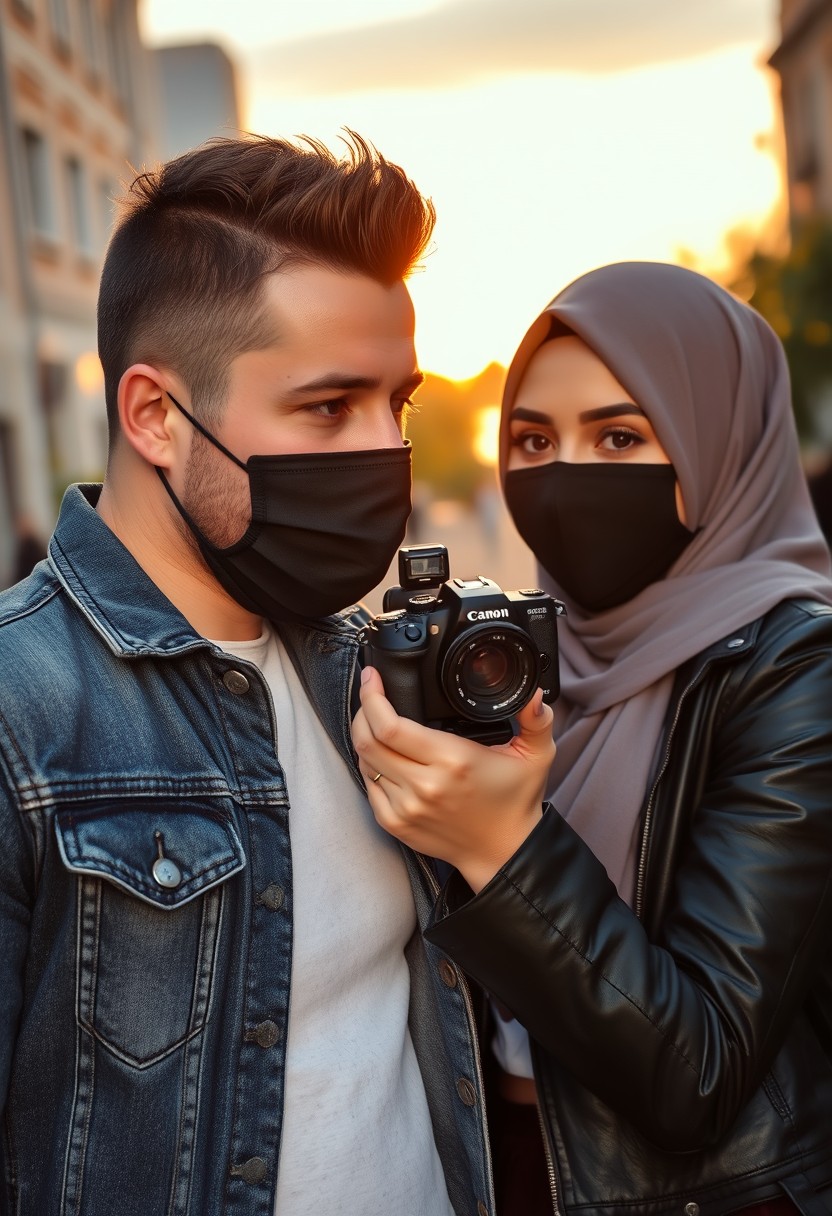 Jamie Dornan's head and body shot, handsome, black face mask, denim jacket, jeans, dating, loving couple, with the biggest grey hijab Muslim girl, black face mask, beautiful eyes, black leather jacket, biggest skirt, taking a picture, DSLR Canon camera, sunset, hyper-realistic, street photography. - Image