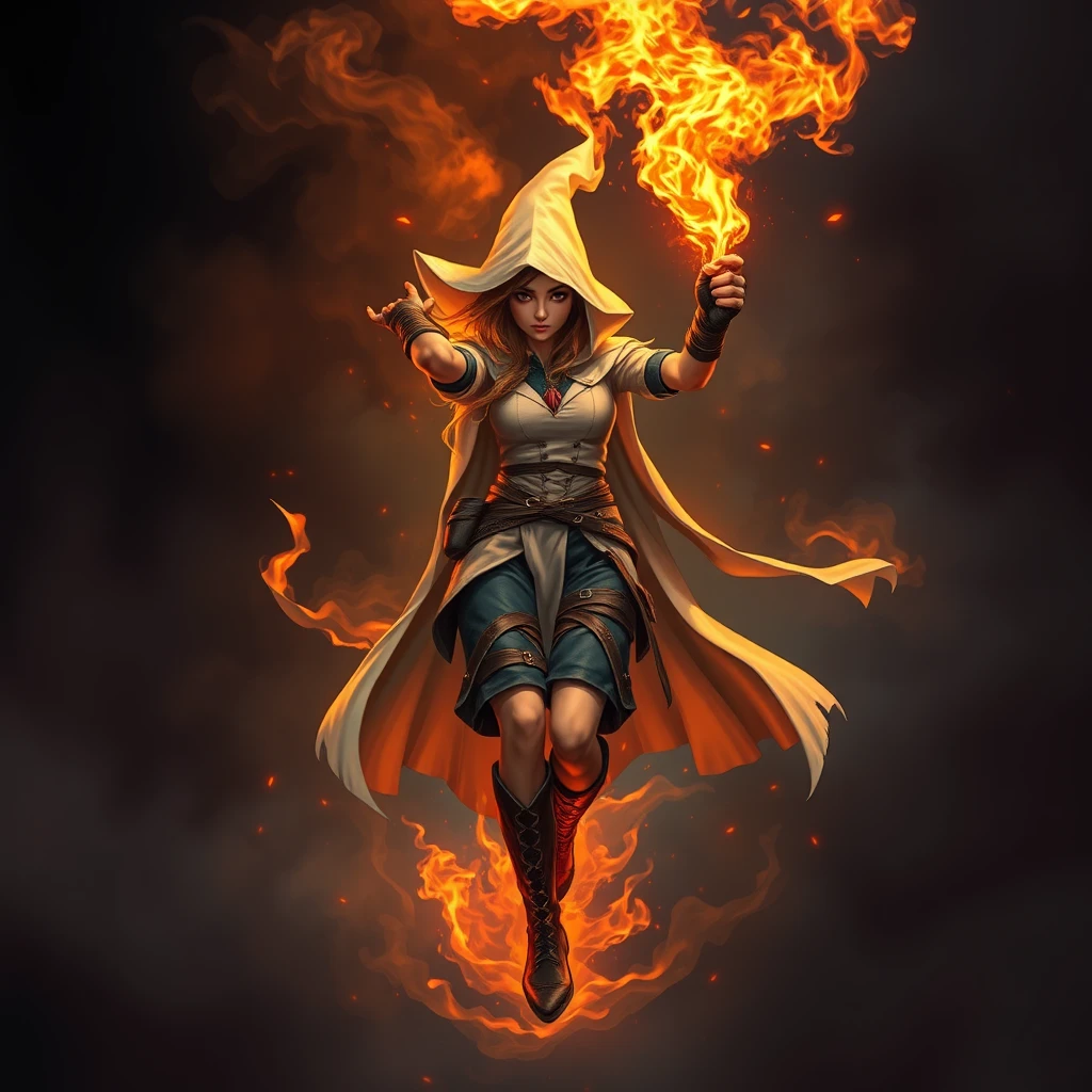 female wizard in the fire, short pants with white cloak