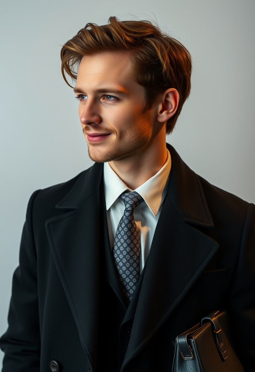 Jamie Dornan's head and body shot, handsome, young, shy smile, white shirt half button, grey pattern tie, black coat suit, leather shoes, leather bag, hyper realistic, studio photography, full photography.