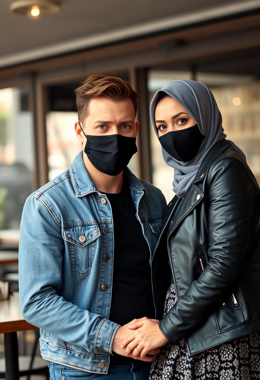 Jamie Dornan's head and body shot, handsome, black face mask, blue jeans jacket, jeans, dating, love couple with the biggest grey hijab Muslim girl, beautiful eyes, black face mask, black leather jacket, biggest patterned skirt, talking at a café, photorealistic. - Image