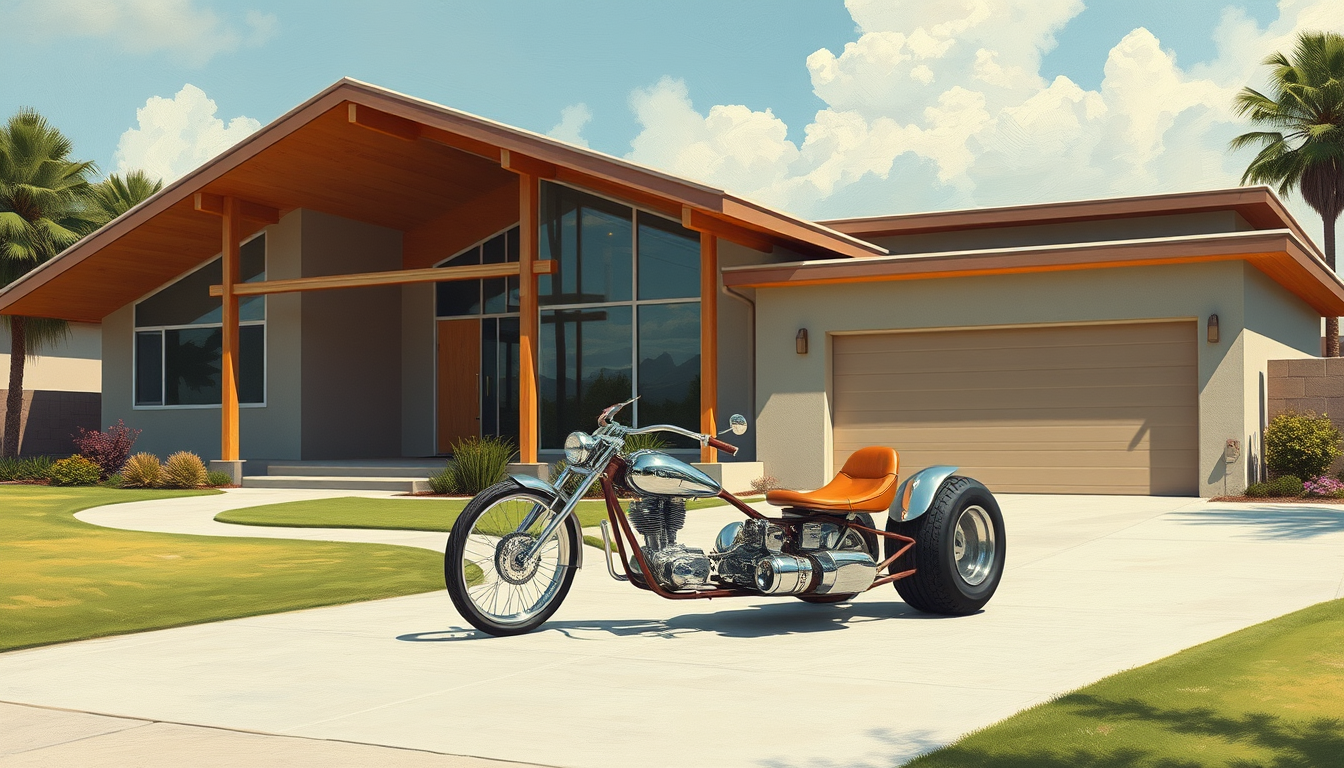 A mid-century modern house with a reverse trike in front, a painting by Syd Mead, 4k. - Image