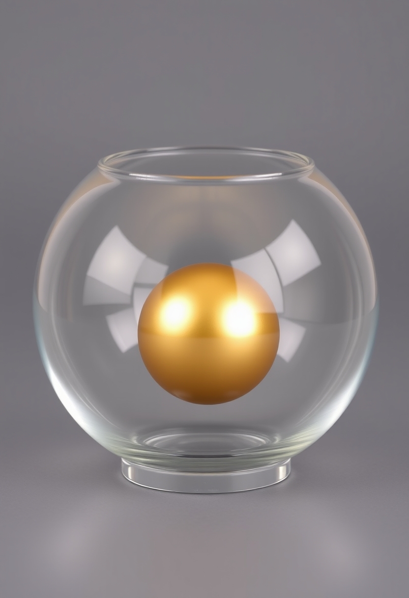 A glass bowl with a gold ball inside it.