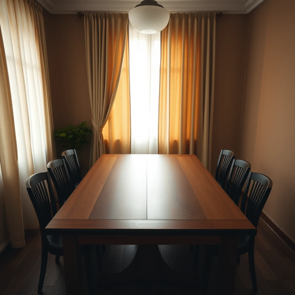 Indoor shot, solid wood dining table, large empty tabletop, beige curtains, soft light, vintage, nostalgia, dark brown, light brown background, simplicity, commercial photography, top view, Fujifilm, f/4.0, 85mm.