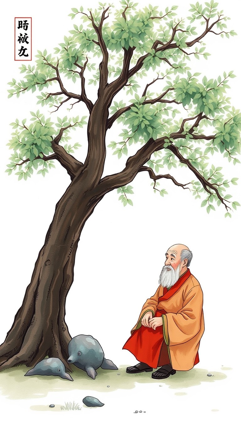 An elderly man in traditional Chinese clothing sits down near the tree, illustrated in a picture book style with a simple, light white background.