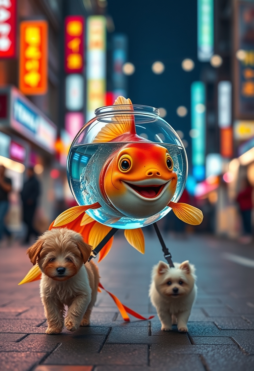 A cute, happy goldfish wearing a fish bowl as a breathing mask (half filled with water) is walking a cute dog on a leash in the streets at night, under colorful city lights, happily laughing, mouth open, with a cute face, walking on fins (no legs), with a fluffy dog in front, in a silly walk, ultra realistic, realism. - Image