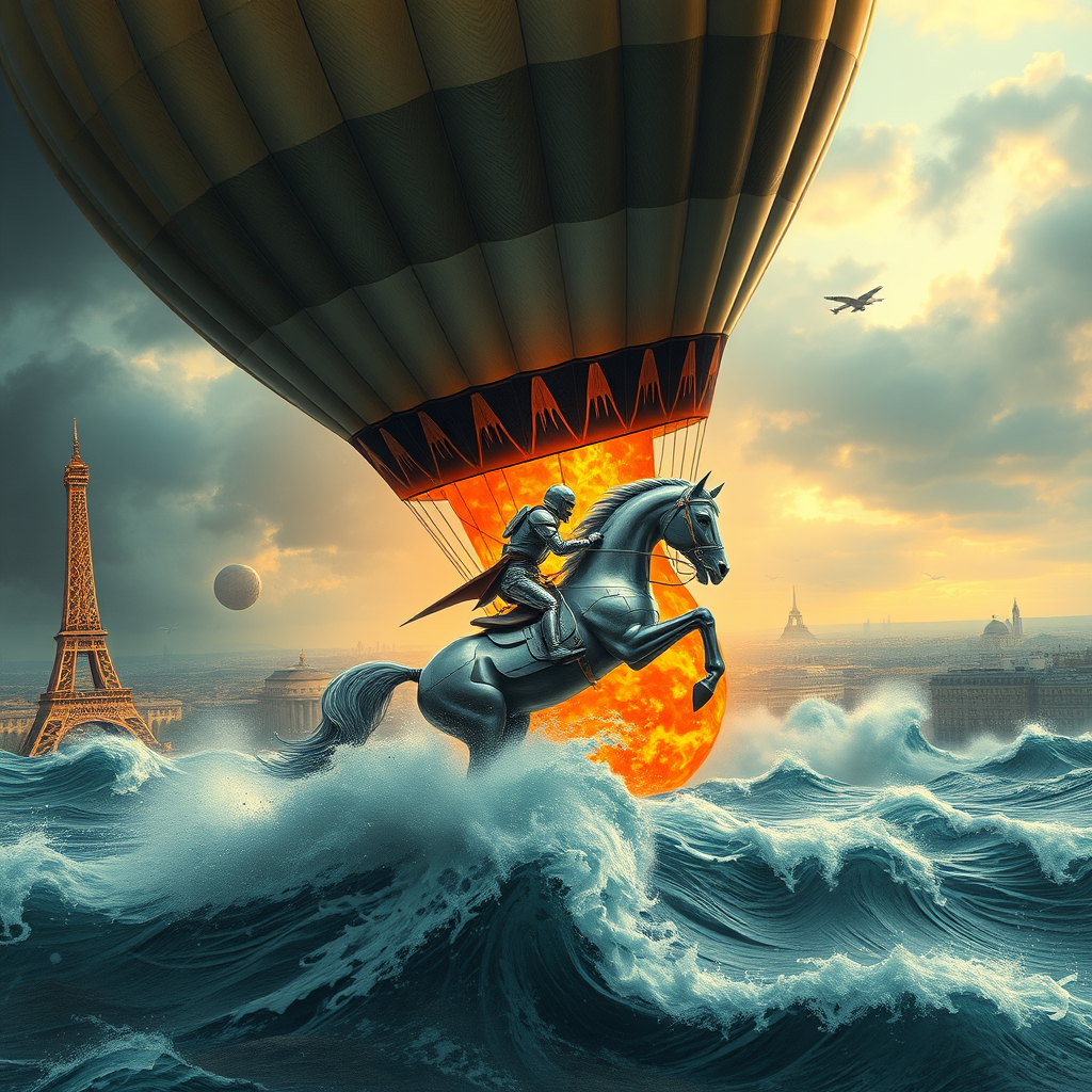 Giant air balloon with a giant flame underneath, floating over vintage Paris in the style of the 1900 World Exhibition, retro futuristic aesthetic. Giant waves flood the city as a knight of the apocalypse rides a silver mechanical horse in silver armor, galloping and slicing through the water under a stormy sky, doomsday, apocalypse, steampunk, backlight, mist and fire embers perspective, pop rock, fluorescent collage, sci-fi steampunk machinery, extra dust particle cloud, octane render, and paper art ink art inspired by Méliès and Jules Verne. - Image