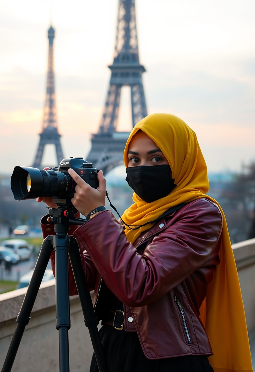 Biggest hijab yellow Muslim girl, beautiful eyes, face mask black, red leather jacket, black biggest skirt, camera DSLR CANON, tripod, taking photo Eiffel Tower, sunrise, morning scenery, Eiffel Tower, hyper realistic, street photography. - Image