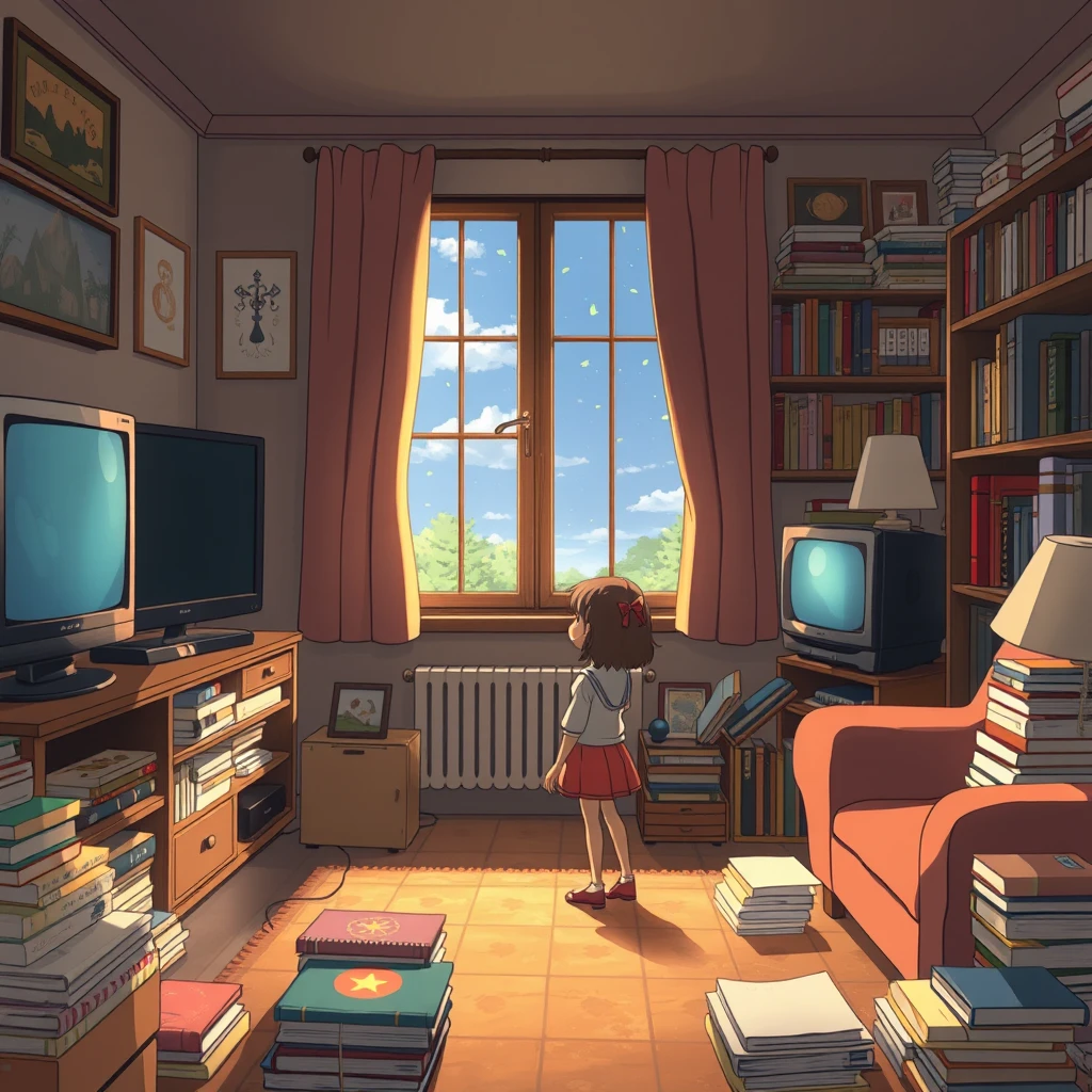 The style of Miyazaki, high definition, a little girl looking out the window in a room with a TV, a lot of furniture, and many books. - Image