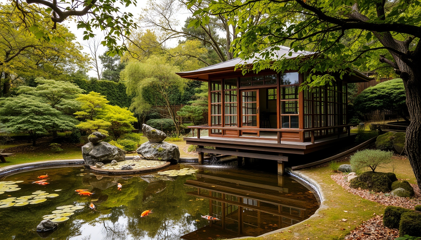 A serene Japanese garden with a glass teahouse overlooking a koi pond.