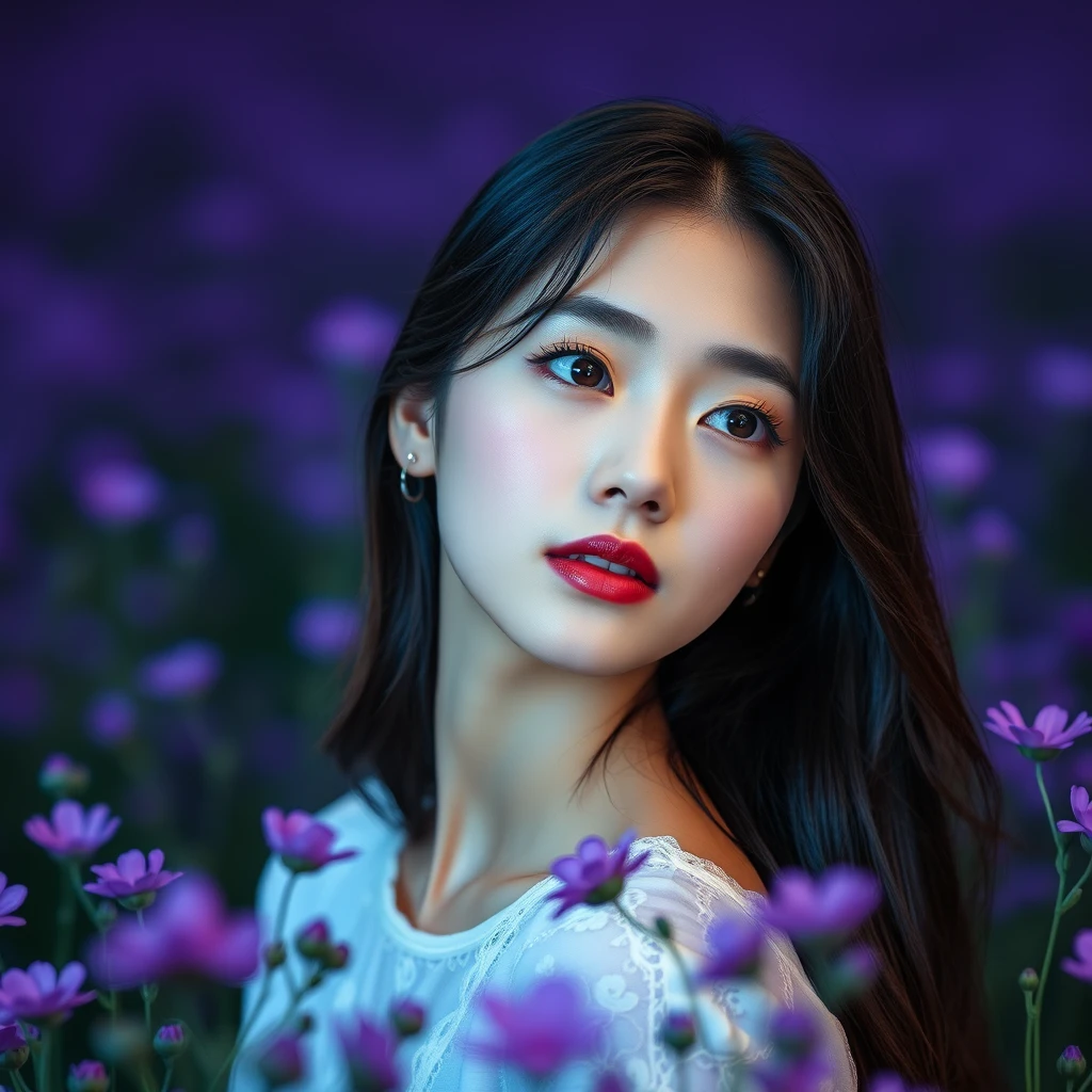 Beautiful Korean girl, 20 years old, looking ahead, purple flower field, mystical, beautiful, Korean, KPOP, mystical, high definition, cool, atmosphere, bright.