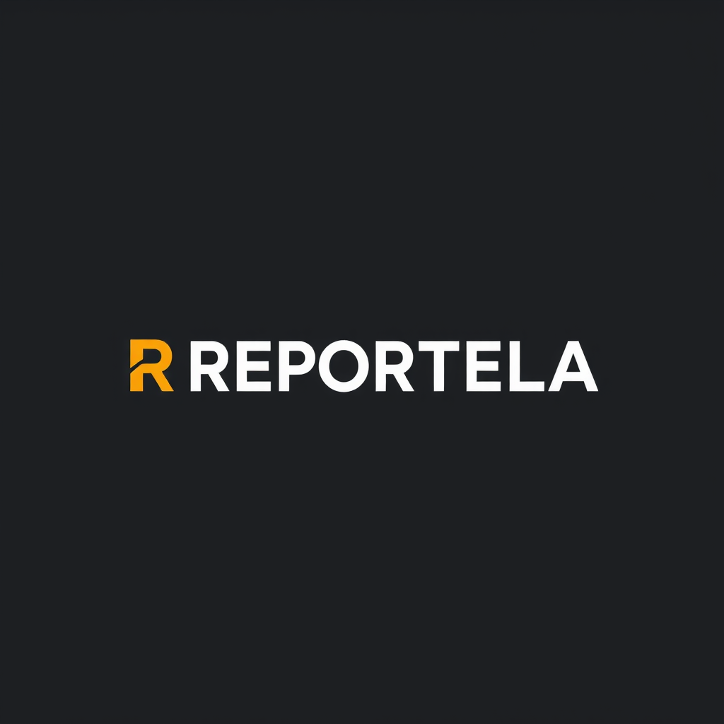 Create a logo with the text "REPORTELA" for a photographic reporting company. - Image