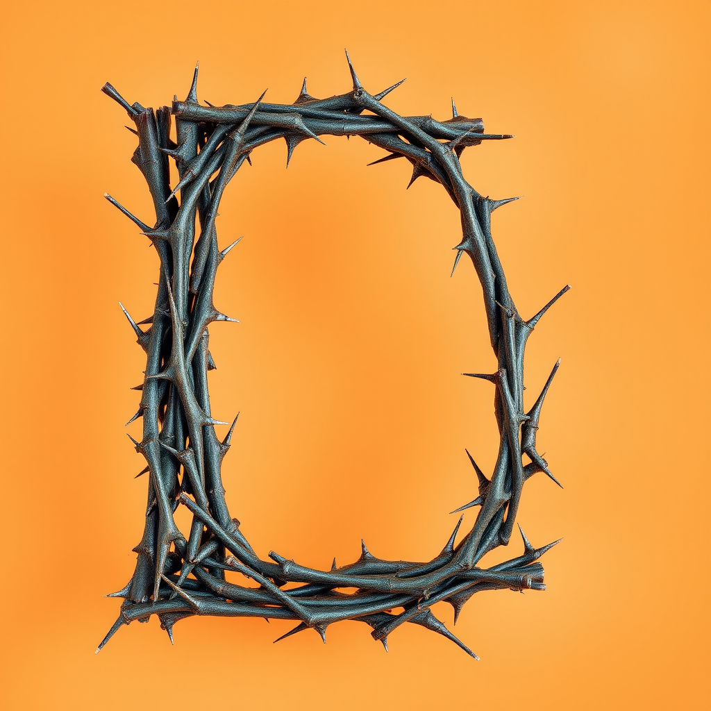 A letter "E" made of thorns with the shape of an "E" in a light orange background, realistic photograph.