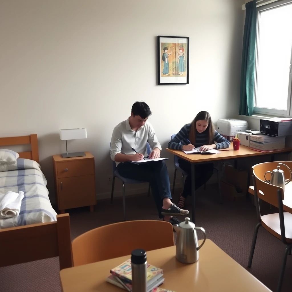 In the room, there is a bed, there are tables and chairs, a male tutor is helping a female student with her homework, and there is a thermos and a teapot.