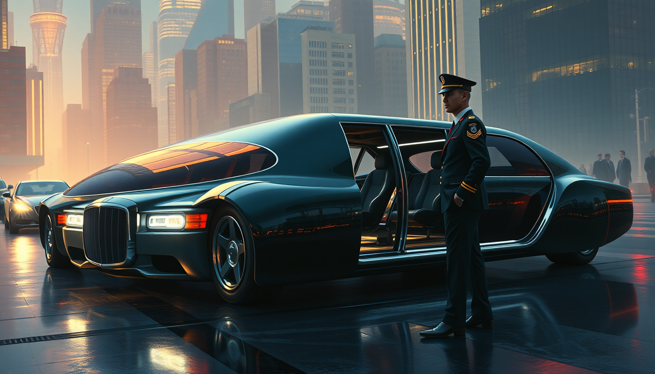 A very futuristic, business limo concept, a painting by Syd Mead, 4k, a chauffeur stands at attention, detailed, city setting, night, circa 2072.