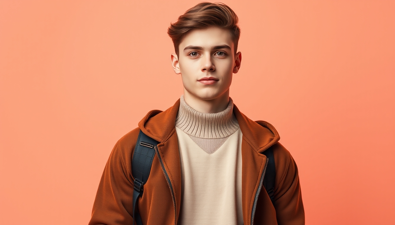 Photo portrait of a pretty young male with a smart look, empty space, wearing a trendy brown outfit, isolated on a colored background, 8k UHD, high detail. - Image