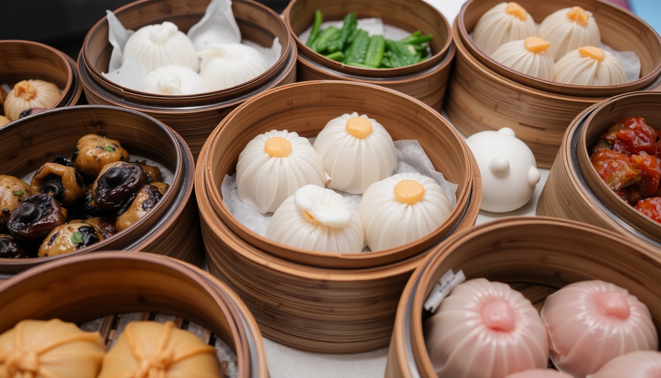 Assorted dim sum dishes in bamboo steamers, highlighting traditional Chinese cuisine.