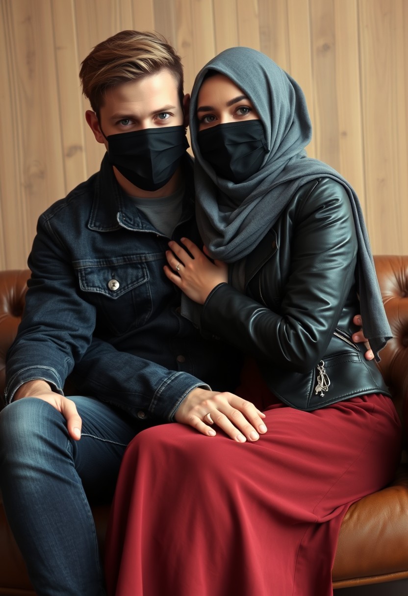 Jamie Dornan's head and body shot, handsome, face mask black, jeans jacket, jeans, dating, love couple, with the biggest grey hijab Muslim girl, beautiful eyes, face mask black, black leather jacket, biggest skirt, hyper realistic, studio photography, sitting on a leather classic sofa, wooden wall. - Image