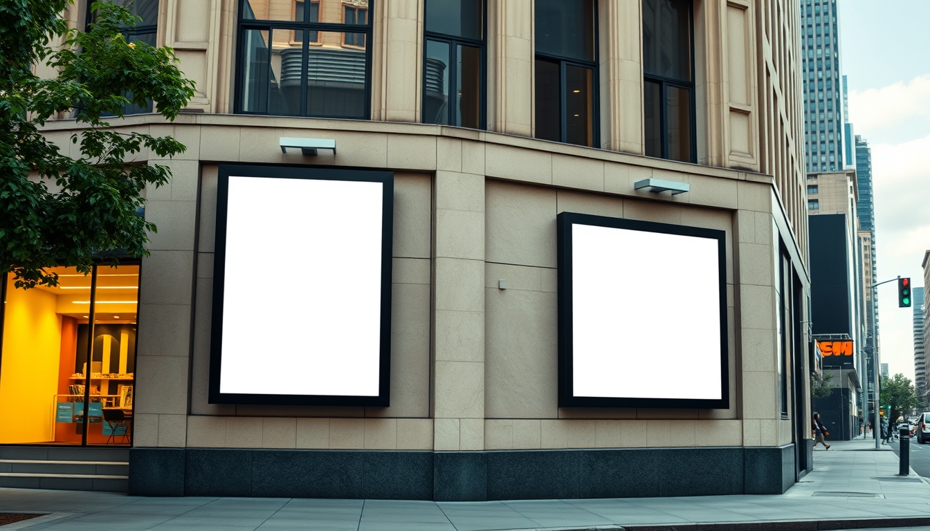 Conceptual mockup displaying two unmarked billboards on a building facade in an urban area, emphasizing the scope for advertising.