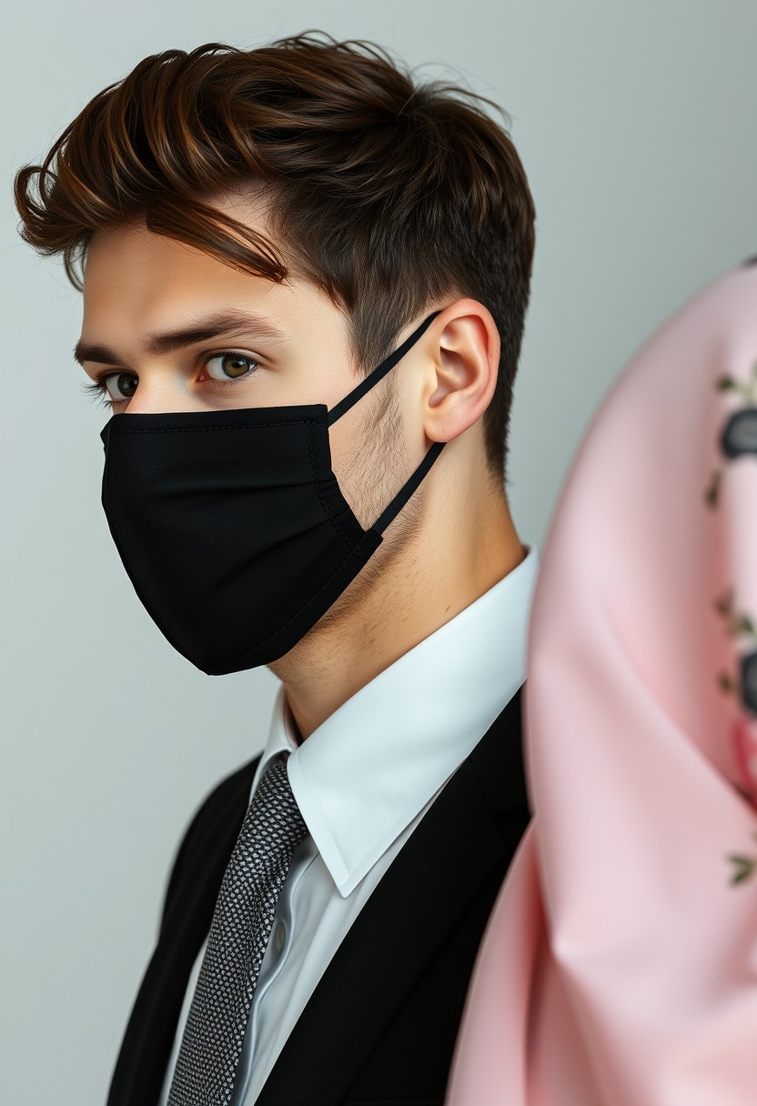 Jamie Dornan's head and body shot, handsome, young, face mask black, white shirt half button, grey pattern tie, black coat suit, dating love with the biggest soft pink hijab girl, beautiful eyes, face mask black, biggest floral juba, hyper realistic, studio photography.