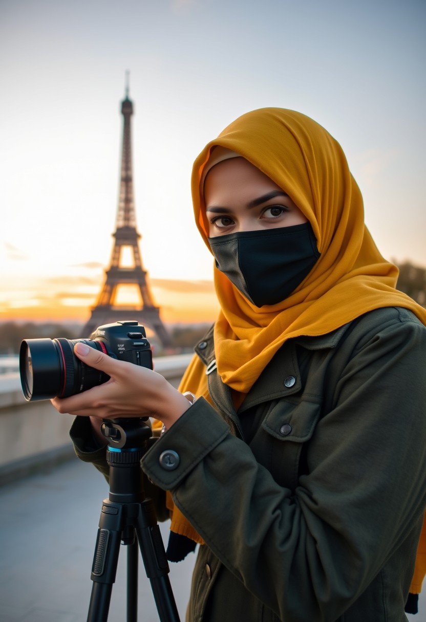 Biggest hijab yellow Muslim girl, beautiful eyes, face mask black, green army leather jacket pattern, biggest skirt, camera dslr canon, tripod, taking photos of Eiffel Tower, sunrise, morning scenery, hyper realistic, street photography.