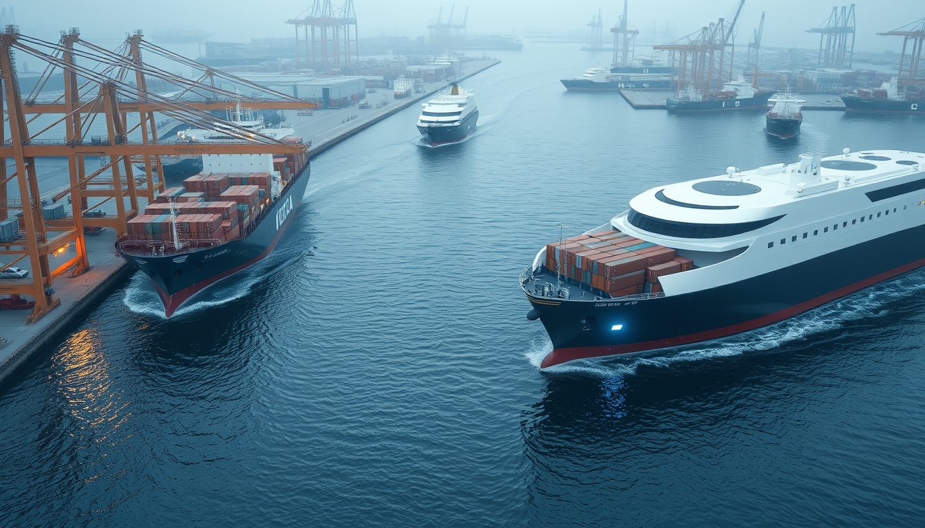 Autonomous cargo ships in a smart port, depicting the future of shipping.