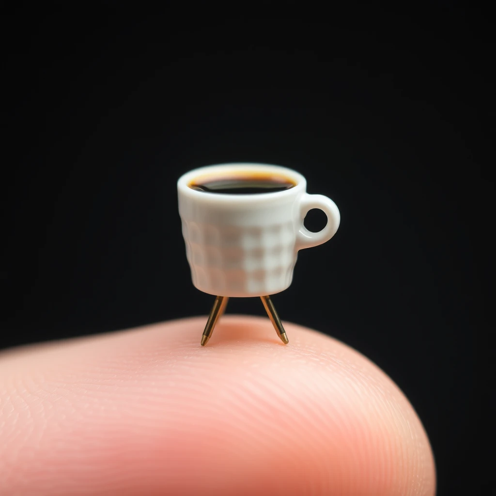 Extreme close-up macro photography depicting a very tiny miniature coffee standing on a fingertip.