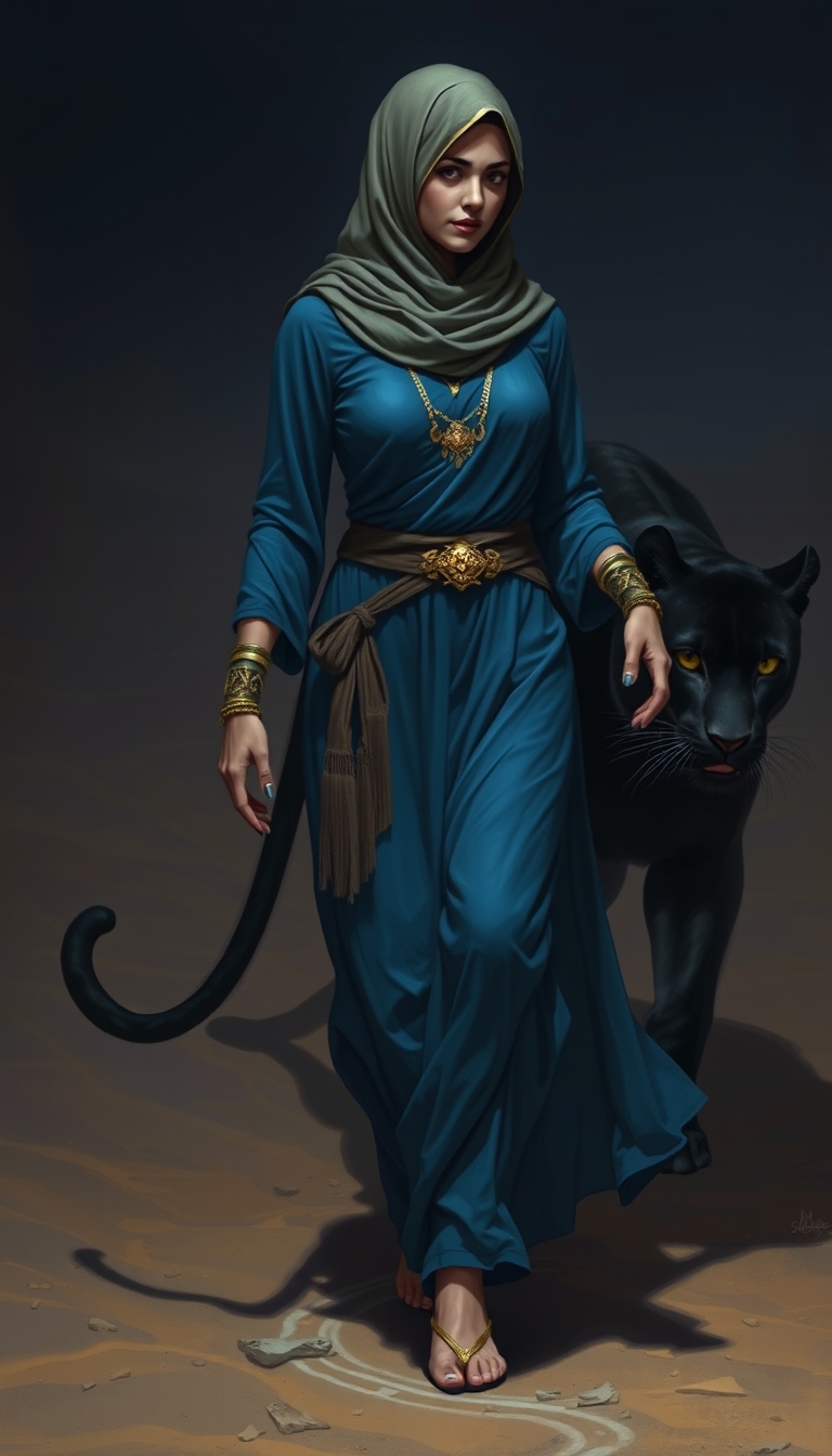 A full body shot of a woman in blue, walking with her black panther through the desert. She is wearing golden jewelry and a hijab covering half her face. It is night, dark noir. This is a fantasy art style painting in the style of concept art for a game, fantasy character design. - Image