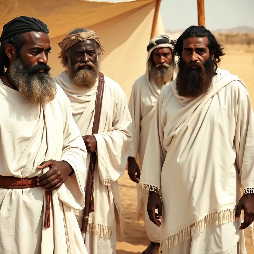 Photo-realistic image of bearded African men. They are all dressed in white robes, with fringes on the hems. They live with their families in temporary tent shelters in the desert during the Exodus. - Image