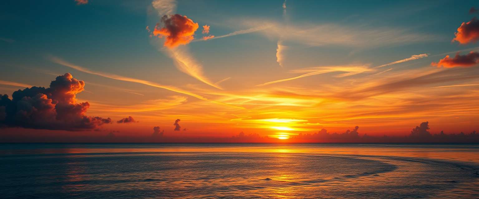 fiery sunset, clouds, high quality, photorealistic, evening sky, reflection, serene, seashells