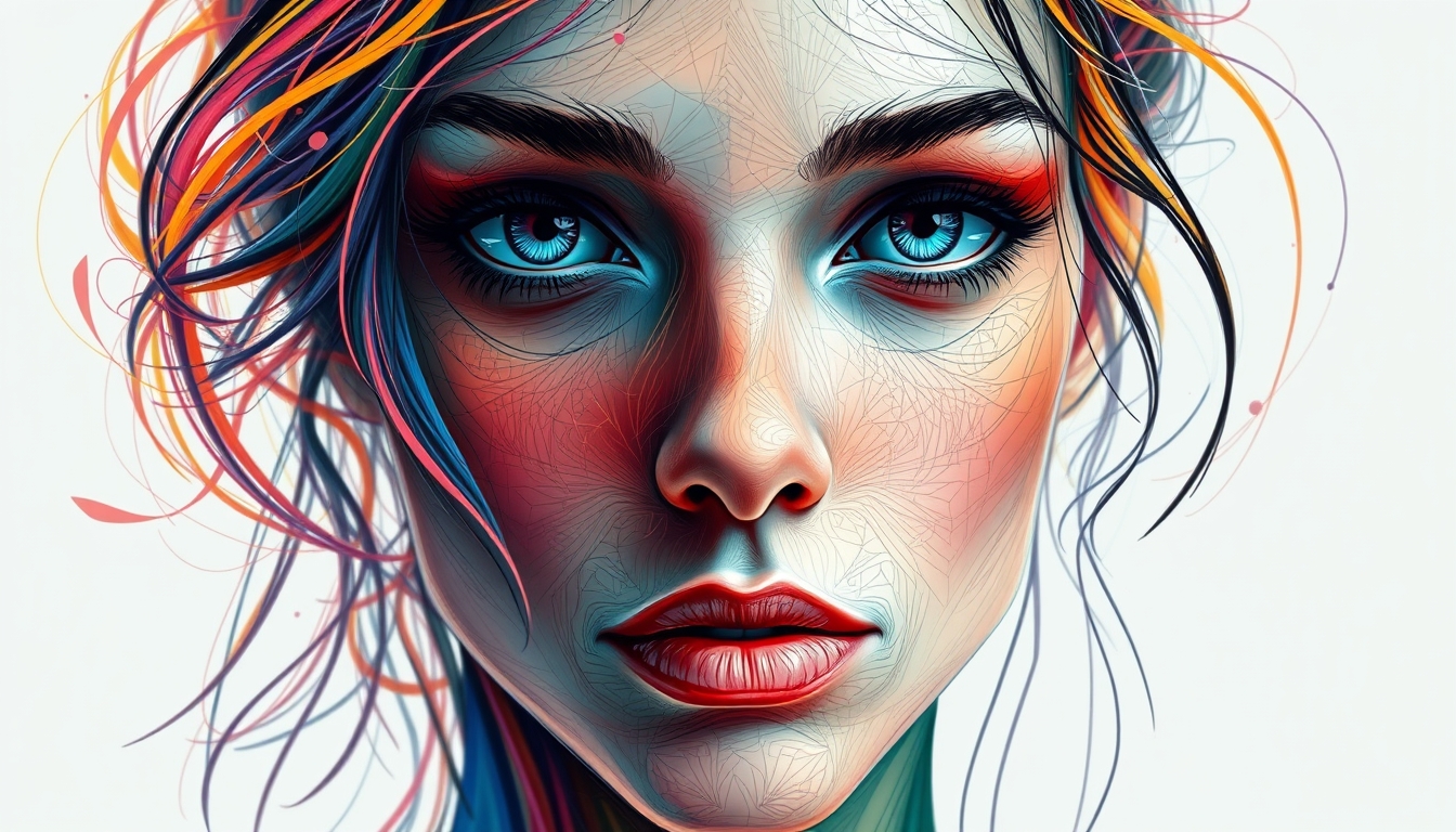 A digital painting of a human face composed of colorful, swirling lines and shapes, blending realism with abstract elements.