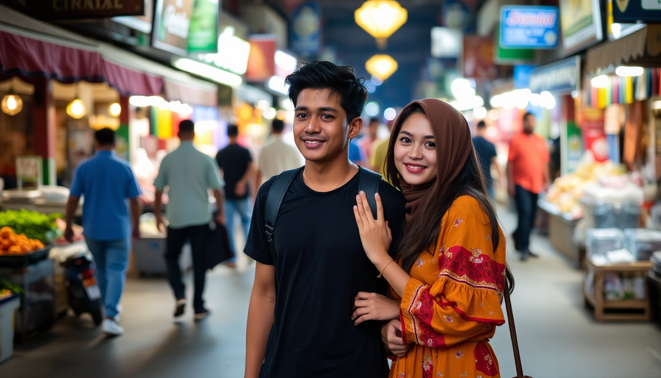 "Very handsome boy and very beautiful girl walking in night market in Cianjur."