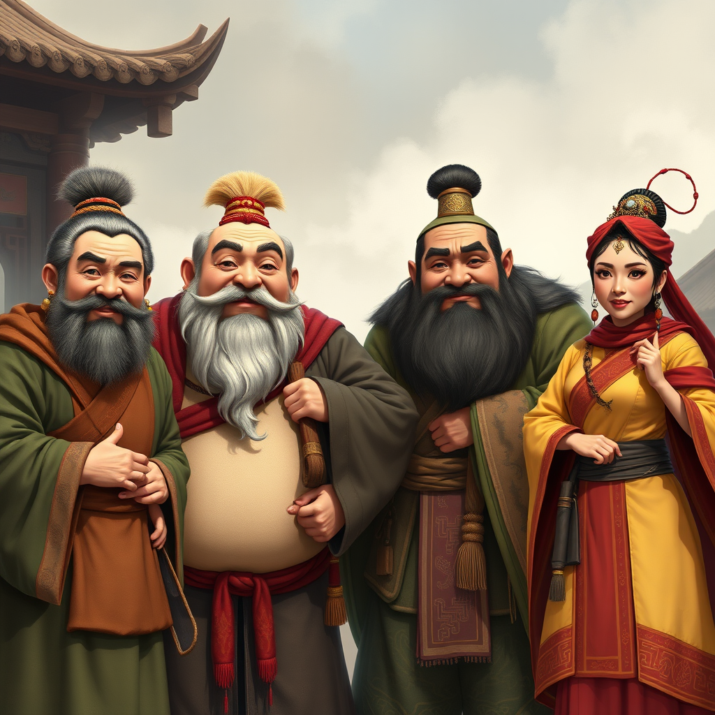 "In the 'Journey to the West,' Tang Seng, Sun Wukong, Zhu Bajie, Sha Heshang, and Bai Longma take a group photo, rendered in a realistic style." - Image