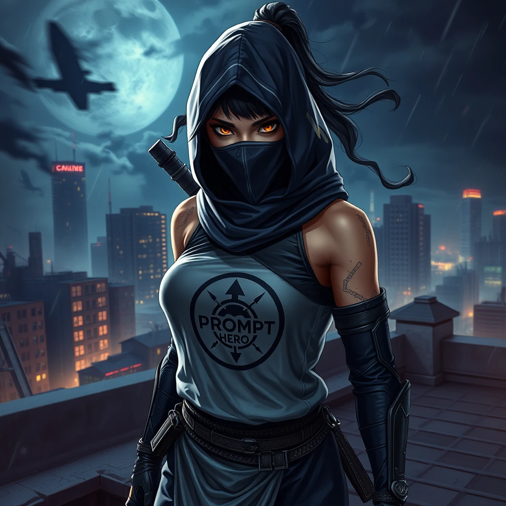 Digital artwork, concept art, a female ninja with Prompt Hero logo on her chest, standing on a rooftop with a dark dystopian city in the background, dynamic pose, fierce, comics style, extremely intricate, extremely detailed, ominous lighting, dramatic lighting, dark stormy night, shot with Hasselblad, long exposure.